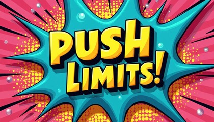 Obraz premium Comic style graphic shows Push Limits text in bold yellow letters. Vibrant pop art background with pink and teal colors. Motivational message for challenges and success.