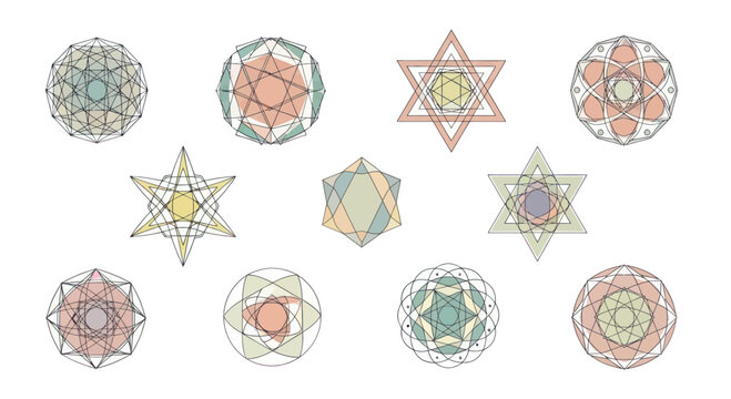 Abstract geometric shapes and star patterns with transparent layered polygons in pastel colors, digital art for design and decoration