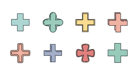 Obraz premium Set of eight colorful plus symbols in various artistic styles and pastel colors, ideal for medical, mathematical, or design projects