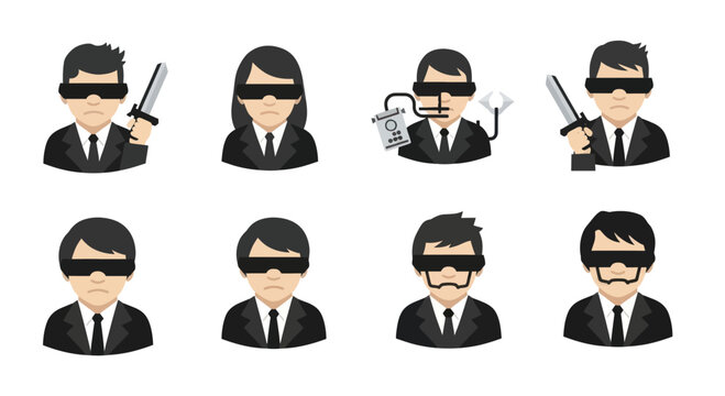 Vector set of secret agents and spies in black suits with sunglasses and gadgets, male and female characters for security and espionage design