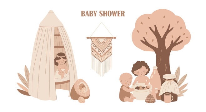Cute boho baby shower illustration with infants playing near teepee and tree, perfect for baby party invitations and nursery decor designs