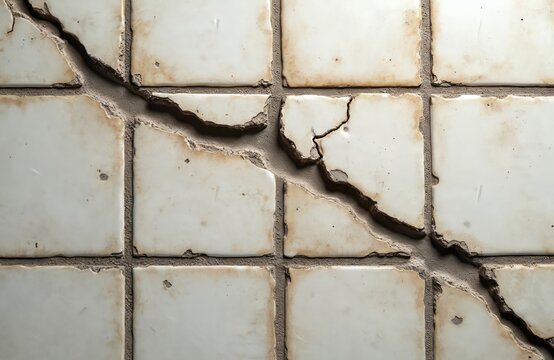 Cracked ceramic tile surface shows broken grout and rough edges. This aged texture displays imperfection and decay. Weathered material needs repair or renovation.