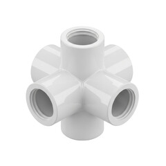 A white plastic fiveway plumbing connector fitting used for joining pipes in a multidirectional configuration transparent background