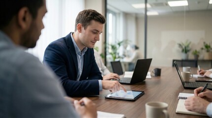 Fototapeta premium Focused businessman in navy suit using tablet at wooden conference table with laptops and coffee cups, modern office meeting, collaborative discussion, team, business strategy, corporate