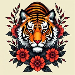 Fototapeta premium Tiger head illustration with tribal patterns and red flowers. Fierce animal design, bold lines, great for tattoo art, graphic design, or cultural themes.