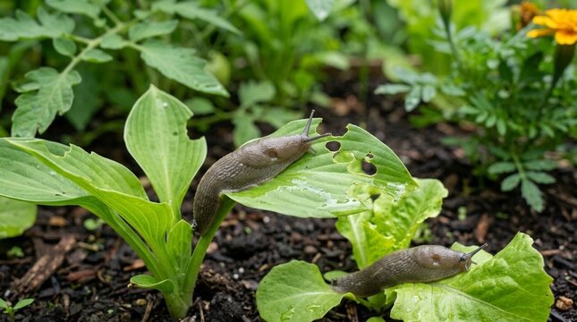 Two brown slugs on garden lettuce leaves, closeup pest activity in wet soil, natural outdoor vegetable patch, spring gardening concern and organic crop protection