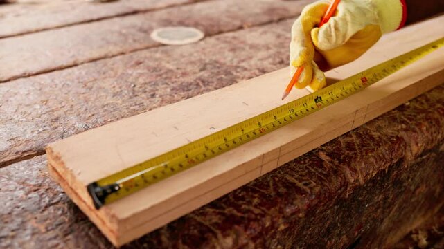Local African male carpenter measuring and marking a wooden plank in his workshop, focused on precision craftsmanship