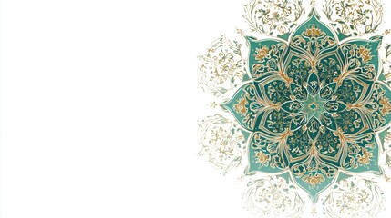 Ornate Islamic mandala pattern in teal and gold. Elegant religious banner for Eid al-Fitr and Ramadan. White background with copy space for greeting