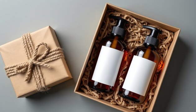 Two amber glass bottles with pump dispensers sit in a gift box. A second gift box wrapped in kraft paper and tied with twine sits nearby. Products have blank white labels for custom branding.