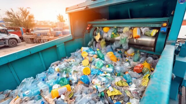 Medium shot of a hydraulic plastic waste compactor in operation showcasing powerful compression reducing volume for efficient transport and recycling.
