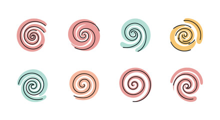 Set of colorful abstract spiral icons with pastel backgrounds, creative modern design elements for digital and graphic projects