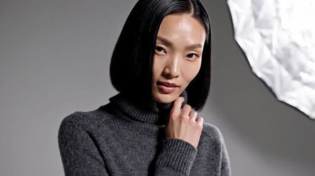Asian woman in gray turtleneck sweater, softly smiling against gray background with softbox light