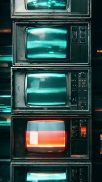 Retro Vintage Television Stack with Glitch Screen Effects and Neon Lighting