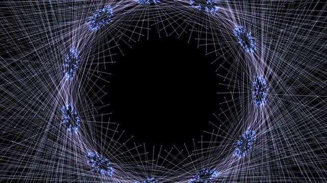 A complex, web-like circular formation of intersecting white and lavender lines on a dark background. The lines cross in a geometric pattern that creates a shimmering, rotating ring effect with a holl