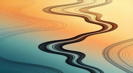 Naklejka premium Line art abstraction of melting forms, fluid descending composition, warm to cool color shift lighti
