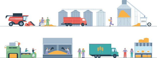 Grain harvest processing and storage industry with combine truck silos factory workers and distribution flat vector illustration © Vector's World