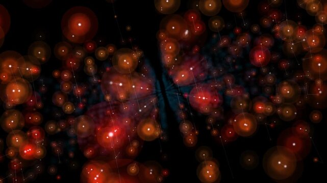 A first-person perspective flying through a dense field of glowing red and orange bokeh spheres. The blurred orbs are connected by thin, faint lines, suggesting a high-speed journey through a neural n