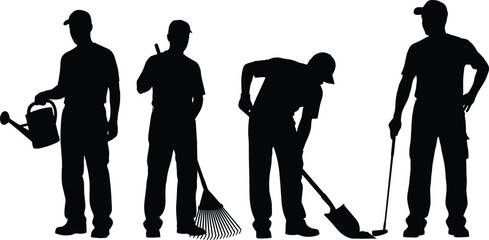 Black silhouette set of male gardeners and farmers in caps working with watering can rake and shovel isolated on white background for landscaping design. © It's Raju