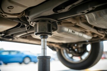 Car underbody on vehicle lift. Auto repair maintenance