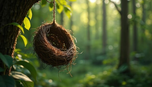 Empty bird nest hangs from tree branch in sunny green forest. Rustic natural weaving detail shows organic craft. Sunlight filters through leaves illuminating forest scene.
