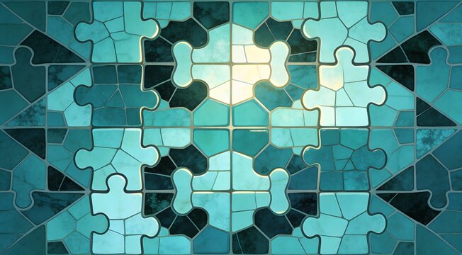 Geometric abstract tessellations in teal mosaics, interlocking puzzle composition, mosaic glow light