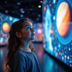 Fototapeta premium Young girl looks at large interactive screen in science museum. Child learns about planets and space, exploring cosmos with fascination and wonder. Future tech inspires her imagination.