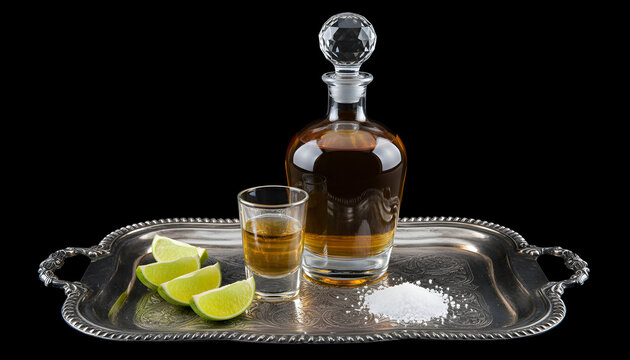 Gold tequila shot with lime slices and salt on vintage silver tray
