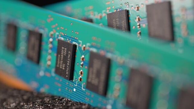 DDR RAM memory chips module macro view. Random Access Memory RAM module disconnected from computer motherboard. Production for AI data centers 