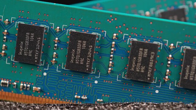 RAM memory module part of computer system hardware. RAM chips in demand for LLM agent development and processing. AI Artificial Intelligence models. 