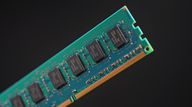 RAM memory module part of computer system hardware. RAM chips in demand for LLM agent development and processing. AI Artificial Intelligence models.