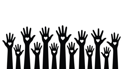 Obraz premium Black silhouette hands raised up with hearts showing unity