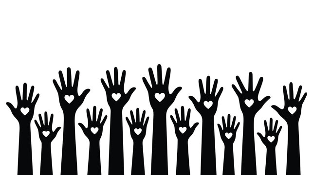 Black silhouette hands raised up with hearts showing unity