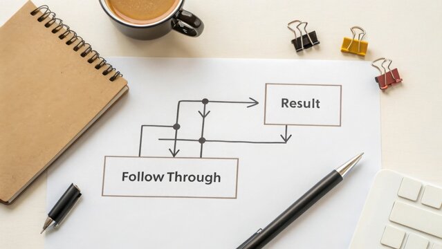Top view of business flowchart diagram with coffee and office supplies