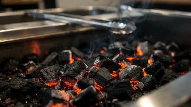 Focused view of a charcoal grills ember bed inside a buffet station emphasizing subtle smoke and glowing coals with softfocus serving utensils in the background.