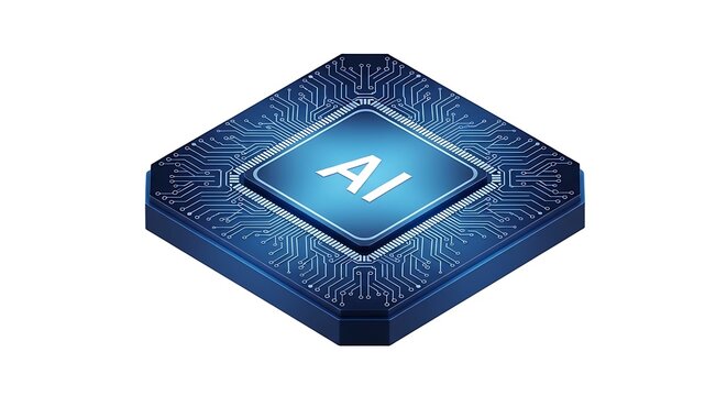 Isometric 3d microchip icon with artificial intelligence text and intricate circuit patterns on dark blue surface isolated on white background for web design