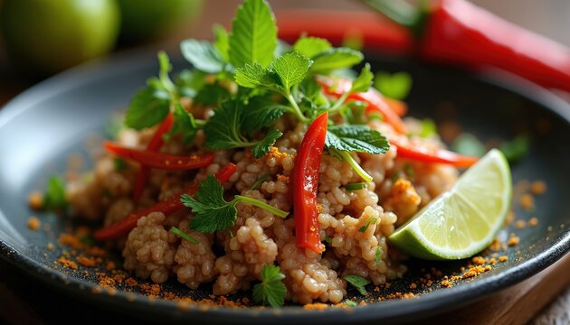 Thai larb moo dish features minced meat with rice, chili, lime, and mint. Savory Asian food prepared for spicy taste. Healthy meal served on plate.