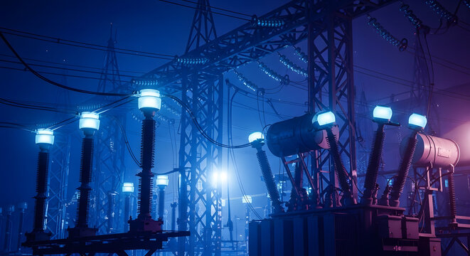 Industrial electrical substation at night with glowing insulators and complex grid of power lines under a dark sky