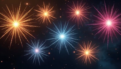 Fototapeta premium Explosions of colorful sparks light up dark night sky. Radiant bursts of blue orange pink light bloom. Festive abstract background with glowing particles for celebration.