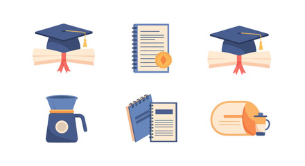 Education and coffee icons set including graduation caps with diplomas, certificates, notebooks, and coffee makers for learning and productivity design