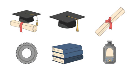 Graduation cap and diploma icons with gear, books, and handheld device, suitable for education, achievement, and technology themes
