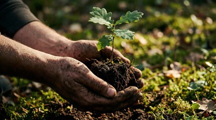 Fototapeta premium A closeup photograph of dirt-covered hands gently planting a young tree sapling into the soil, embodying new growth, environmental stewardship, and a greener future
