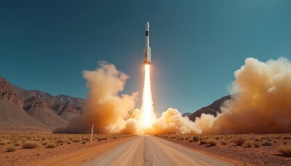 Fototapeta premium Rocket ascends from desert launchpad amid smoke plumes. Mountains loom behind dusty terrain as spacecraft begins journey into clear blue sky. Ignition creates bright orange flames.