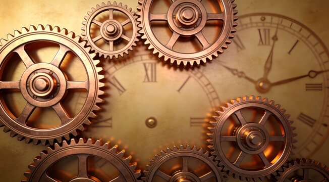 Precision line art of clock gears meshing seamlessly on steampunk brass soft backdrop, intricate mec