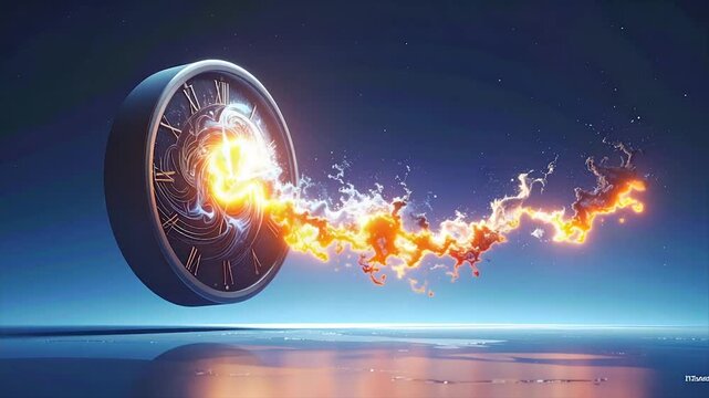 A surreal clock with fiery trails and cosmic energy against a starry, reflective background