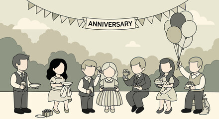 Obraz premium Vintage style illustration of kids celebrating an anniversary party with balloons, food, and decorations, perfect for nostalgic greeting cards or invitations