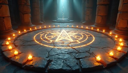 Naklejka premium Stone circle altar glows with arcane symbols. Candles light up ancient temple hall. Mysterious ritual happens under blue light beam. Mystical energy emanates from sacred space.