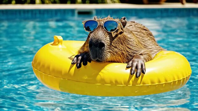 Funny capybara wearing sunglasses floating on yellow inner tube in swimming pool enjoying summer vacation on a sunny day