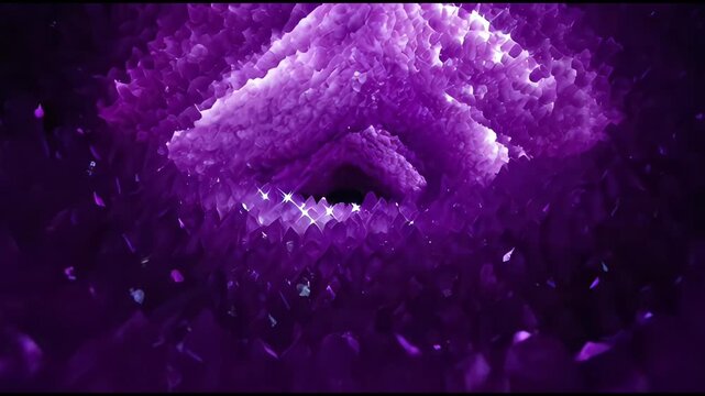 Abstract purple amethyst crystal geode tunnel cave zooming into a glowing magical gemstone