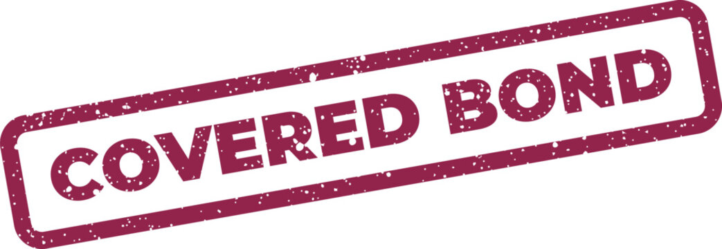 Distressed stamp graphic displaying the text covered bond inside a grunge rectangular frame element