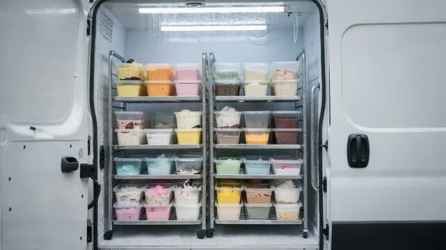 Medium shot of an insulated delivery van with gelato containers visible focusing sharply on the chilled compartments while the background fades softly.